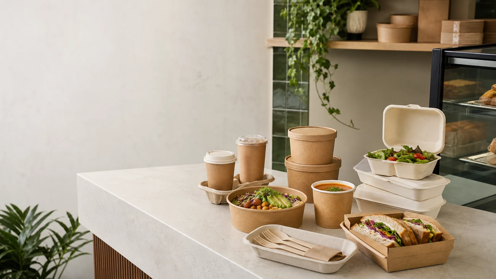Paper and molded fiber food packaging arranged for takeaway service