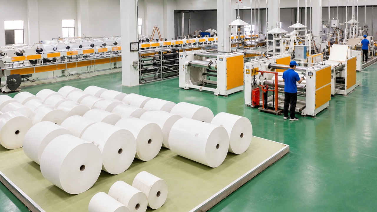 Paper converting line with rolls and production equipment