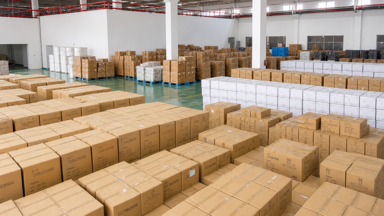 Warehouse area with labeled foodservice packaging cartons