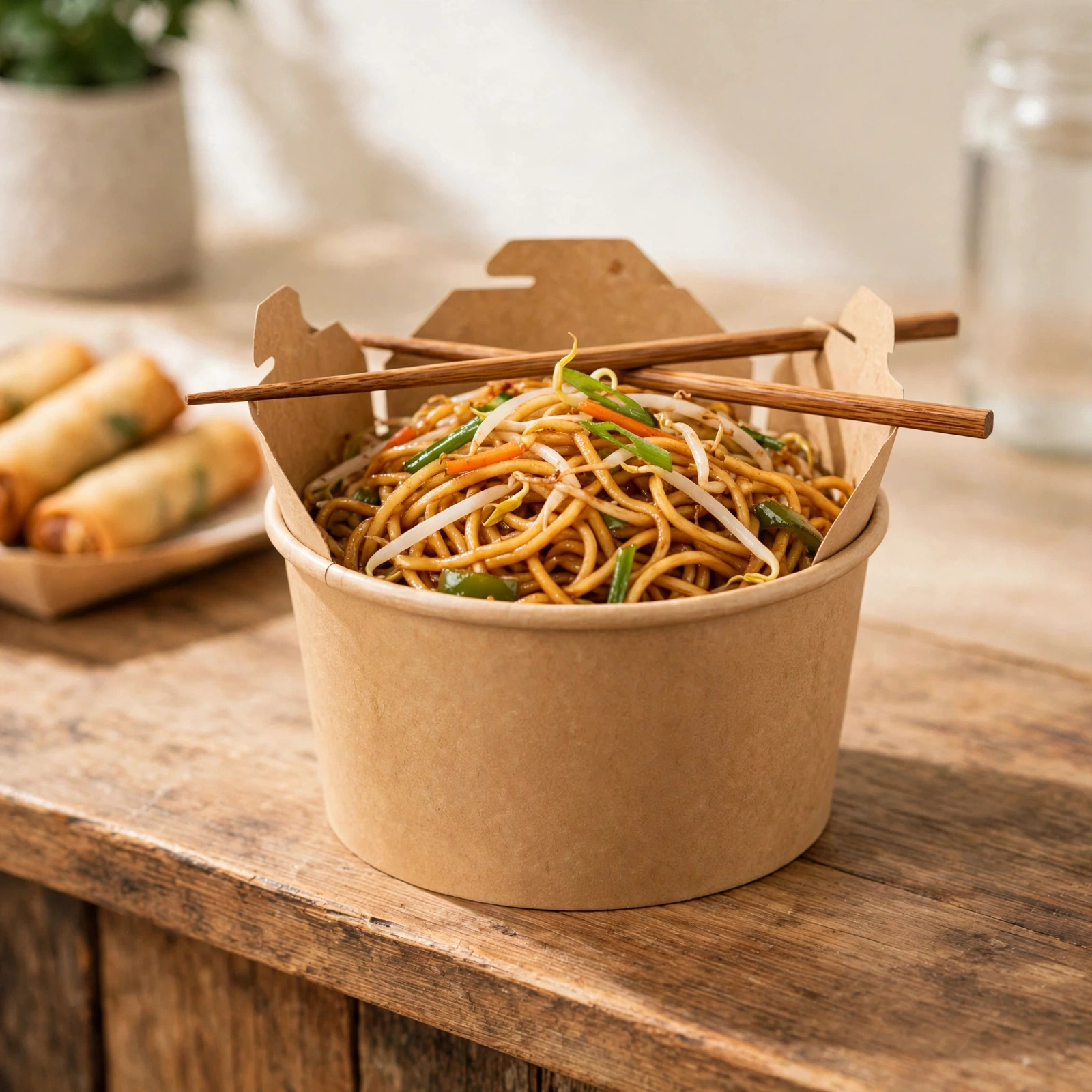 Kraft paper noodle tub with street-style stir-fried noodles