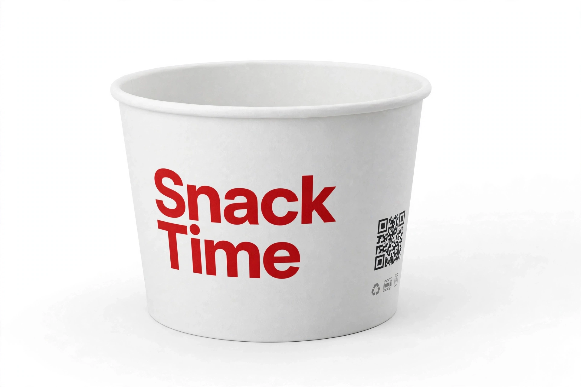 Paper food bucket printed with logo, QR code and info panel