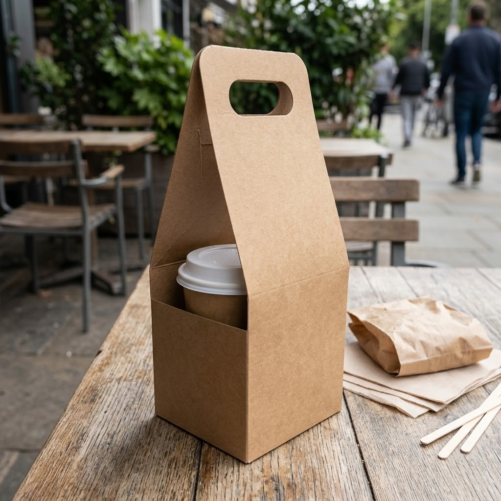 Single drink carrier with handle holding one takeaway coffee cup