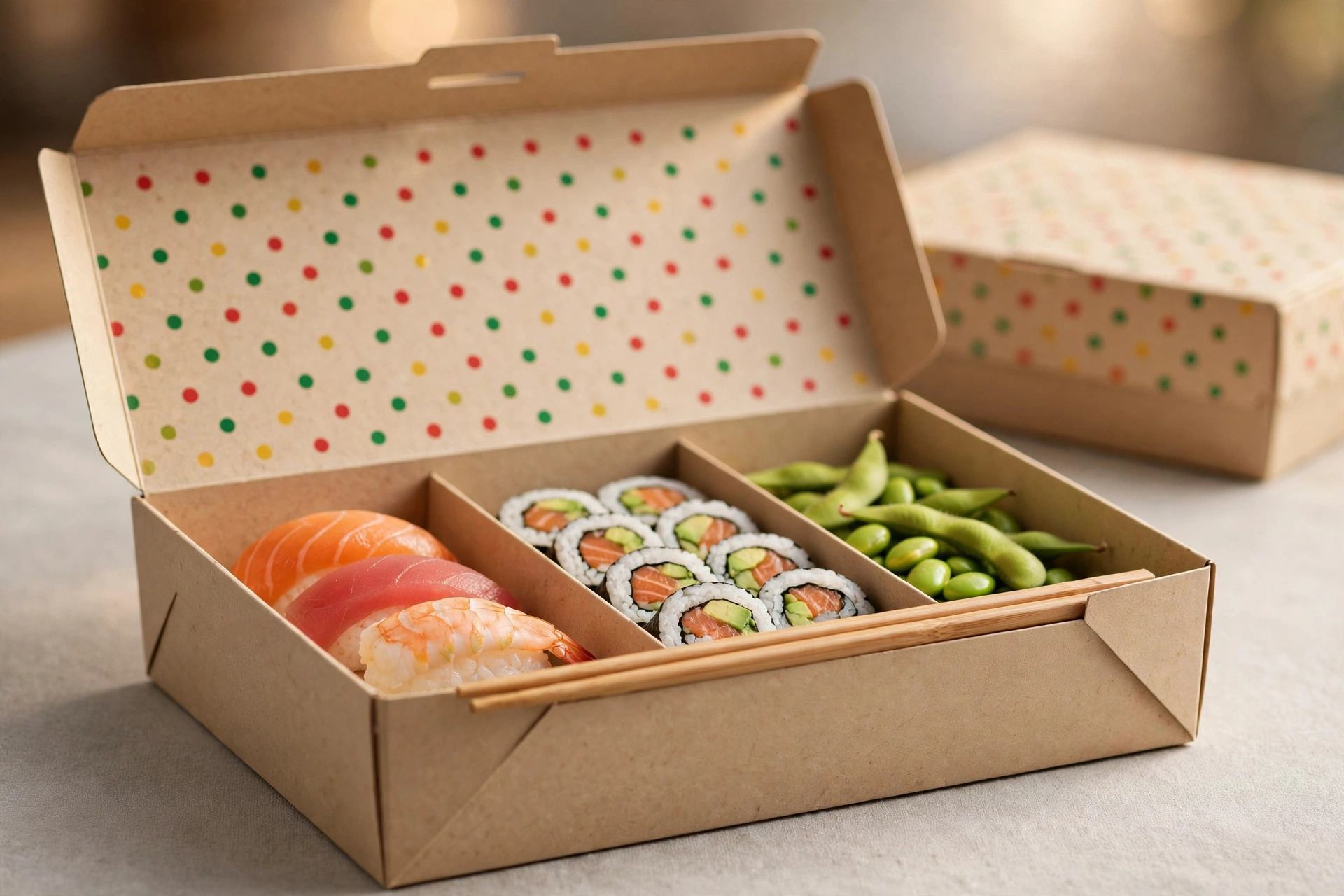 Beige bento-style paper sushi box with compartments for nigiri, maki and edamame
