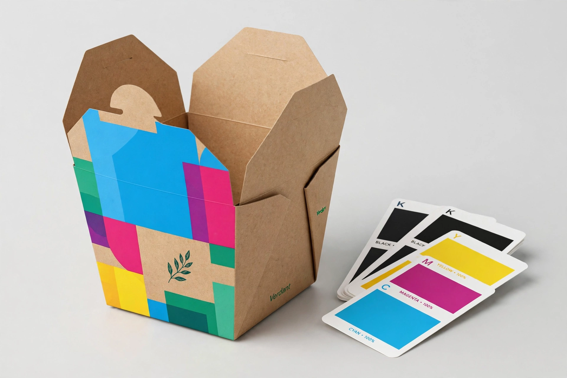 Kraft takeout box with full-colour print and CMYK swatches
