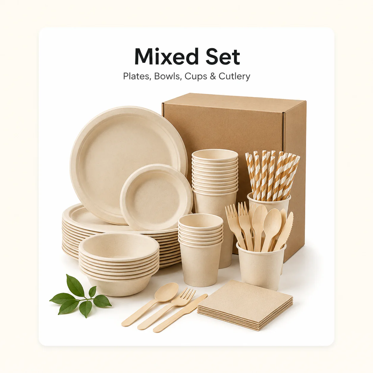 Mixed bagasse plate bowl cutlery and napkin tableware set
