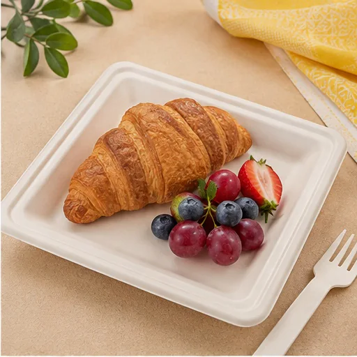 Square bagasse plate serving a croissant and fruit
