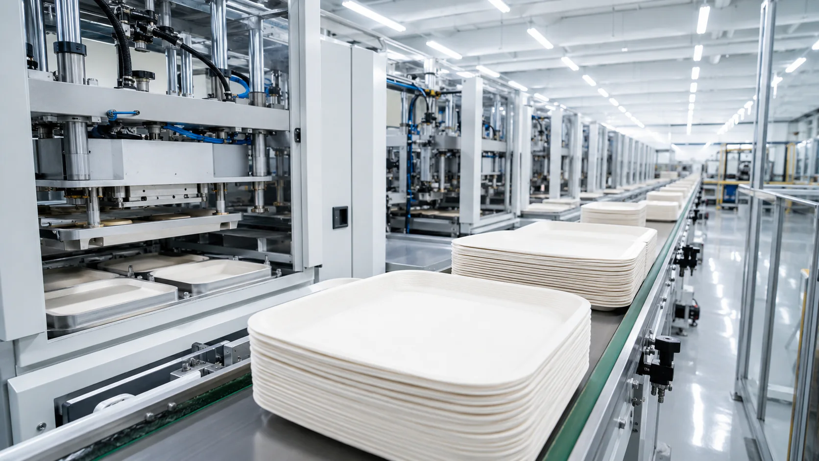 Sugarcane bagasse plate molding inspection and packing production line