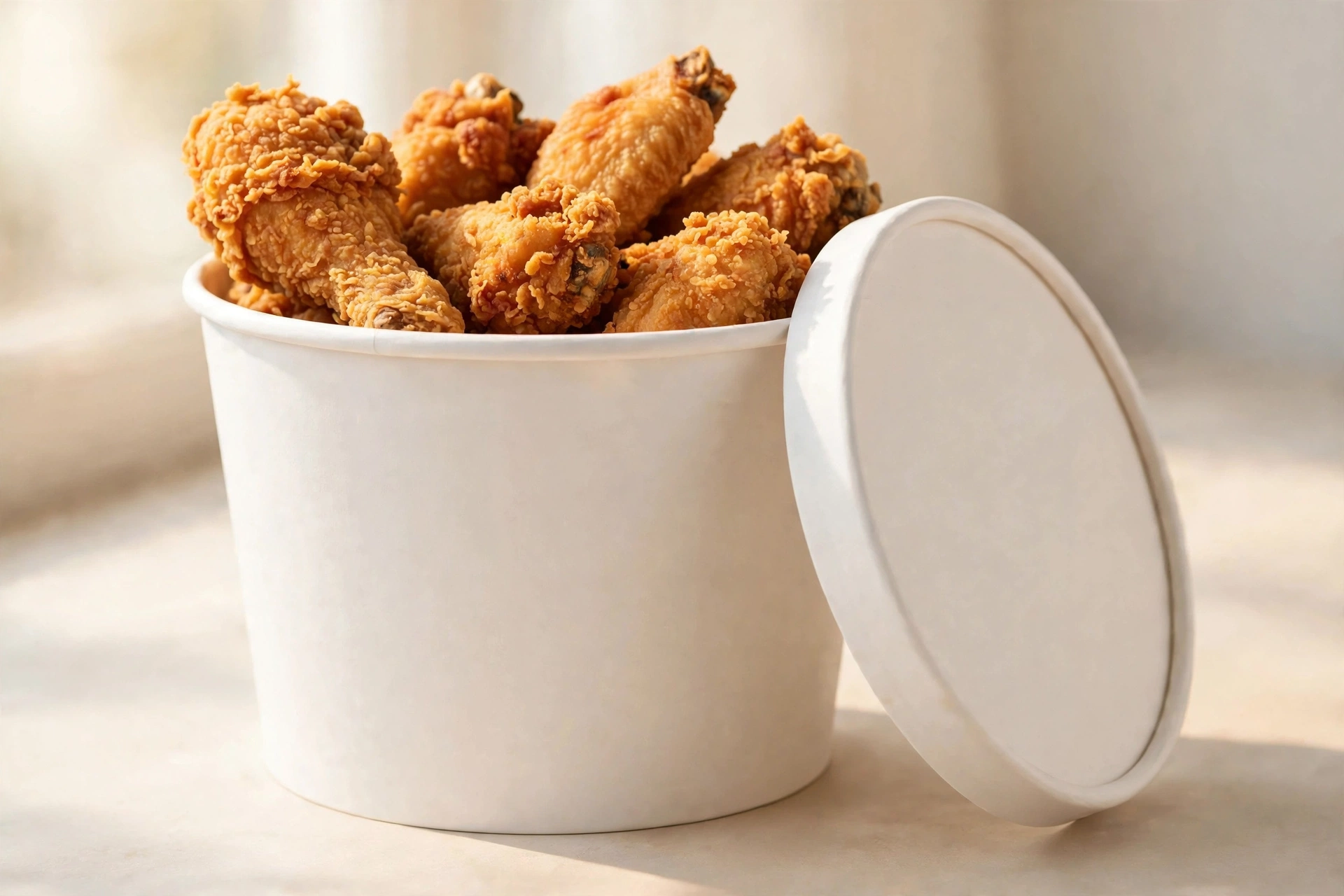 Crispy fried chicken served in a grease-resistant paper food bucket