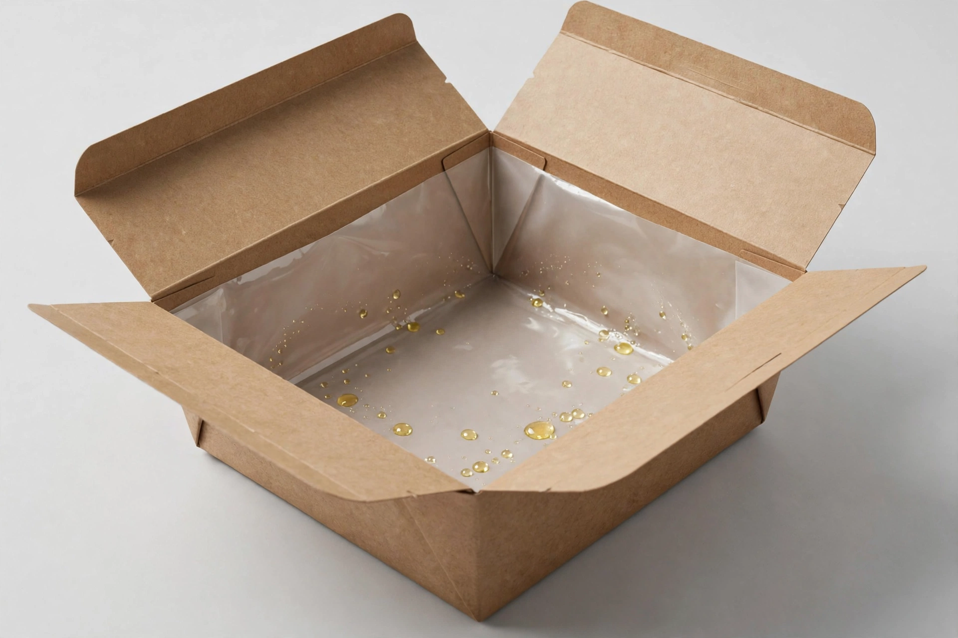 Open kraft lunch box showing grease-resistant PE inner lining