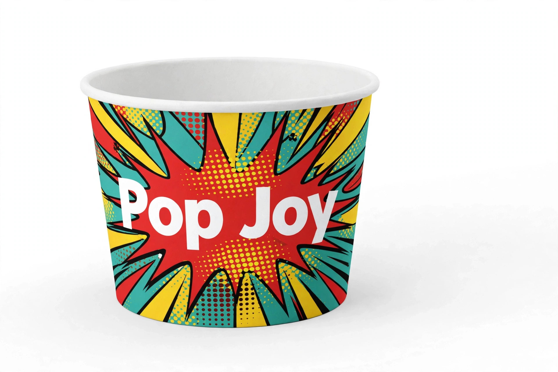 White paper food bucket with vivid full-wrap colour print