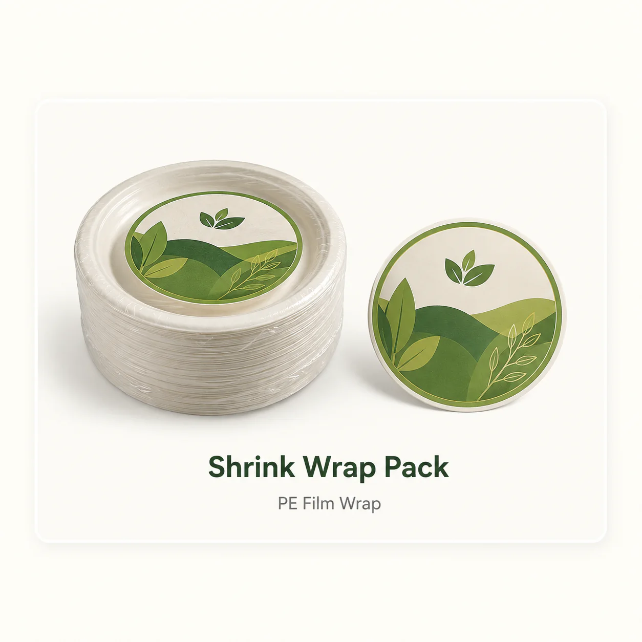 Shrink-wrapped bagasse plate retail packs with product labels