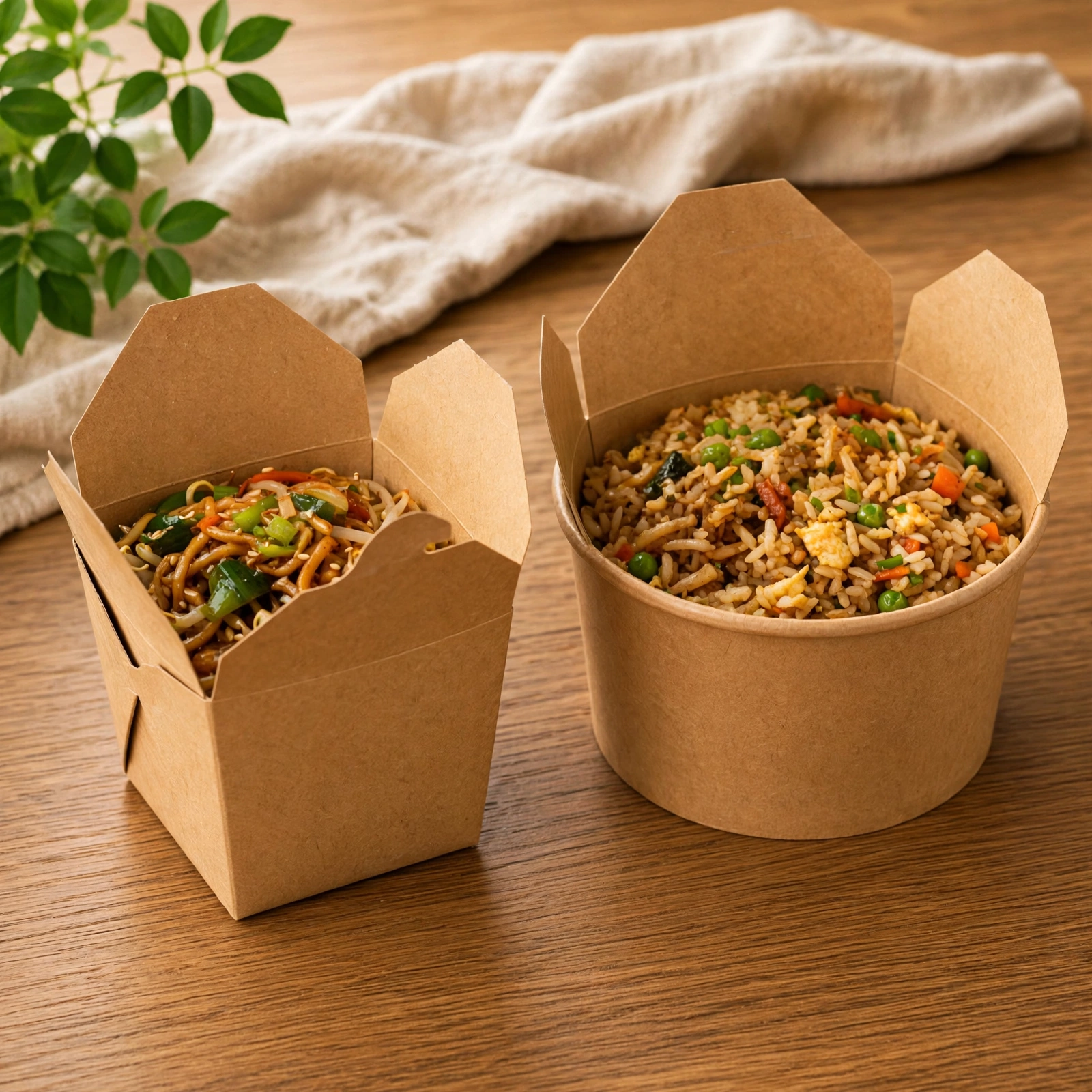 Square-bottom paper noodle box with stir-fried noodles next to a round-bottom paper tub with fried rice