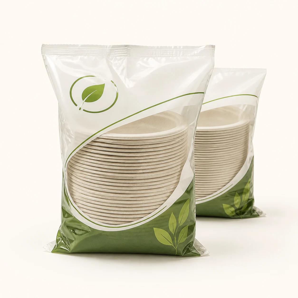 Custom printed retail bags containing stacks of sugarcane bagasse plates