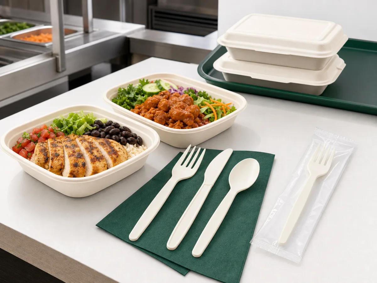 Cornstarch-based cutlery and wrapped utensil sets beside takeaway meals