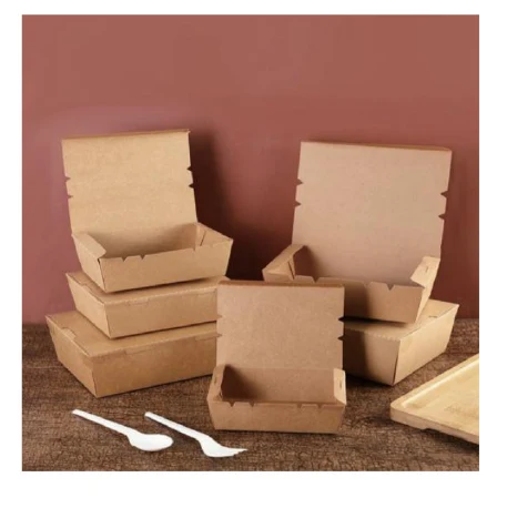 Kraft paper takeout lunch boxes in multiple sizes, open and closed