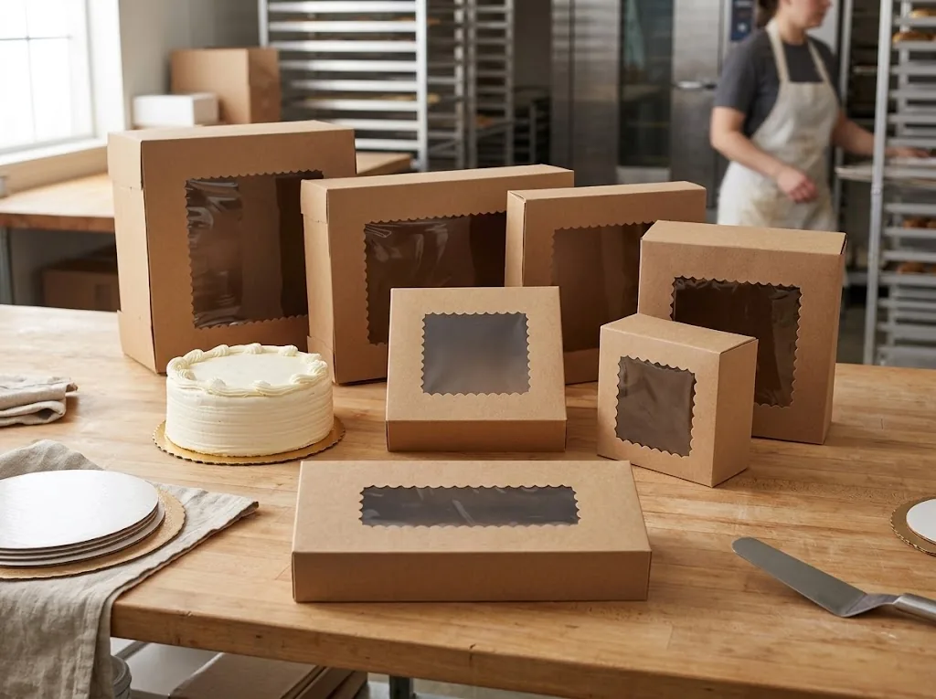 Kraft window cake boxes in multiple sizes with scalloped windows, a round cake and cake boards on a bakery table