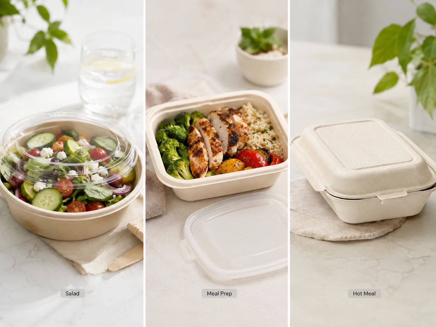 Bagasse containers for salads meal prep and hot meals