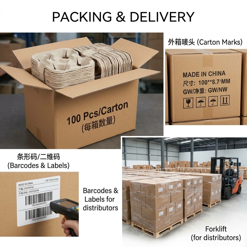 Export carton packing with custom marks for cup carriers
