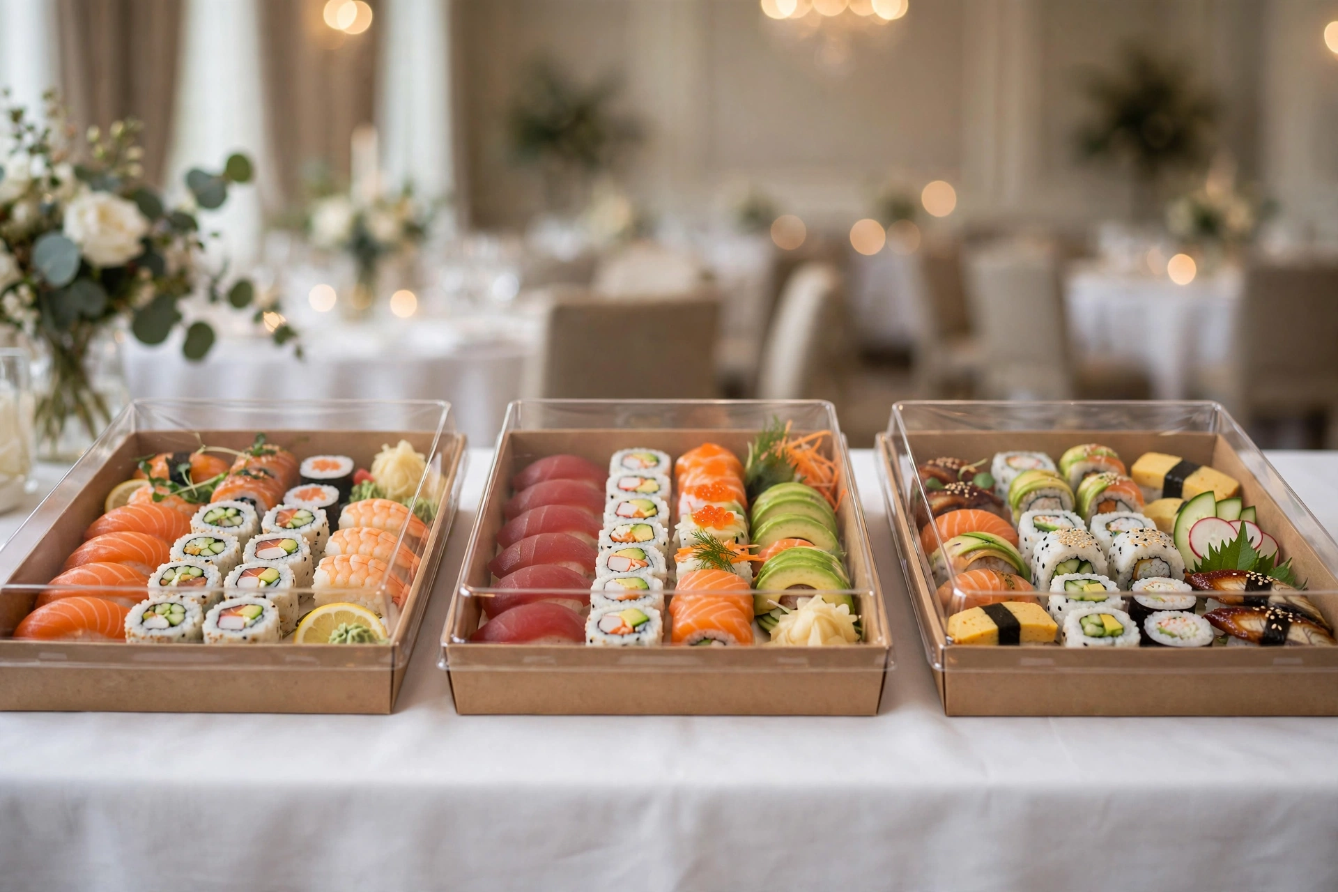 Platter-size paper sushi boxes with clear lids at a catered event