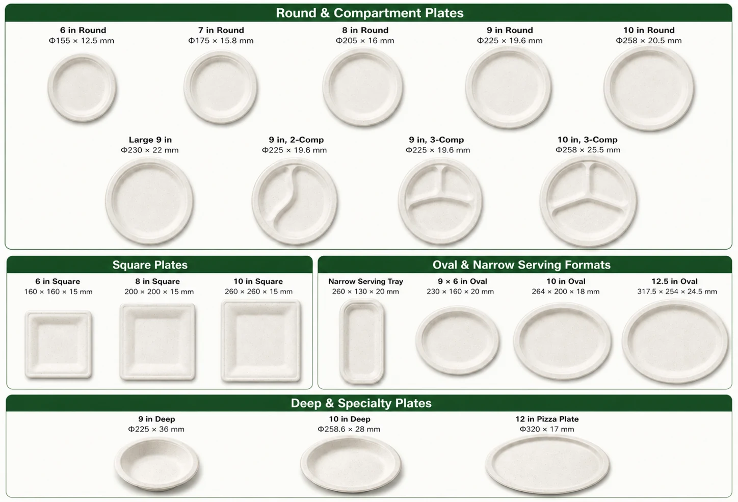 Bagasse plates in round, square and compartment formats