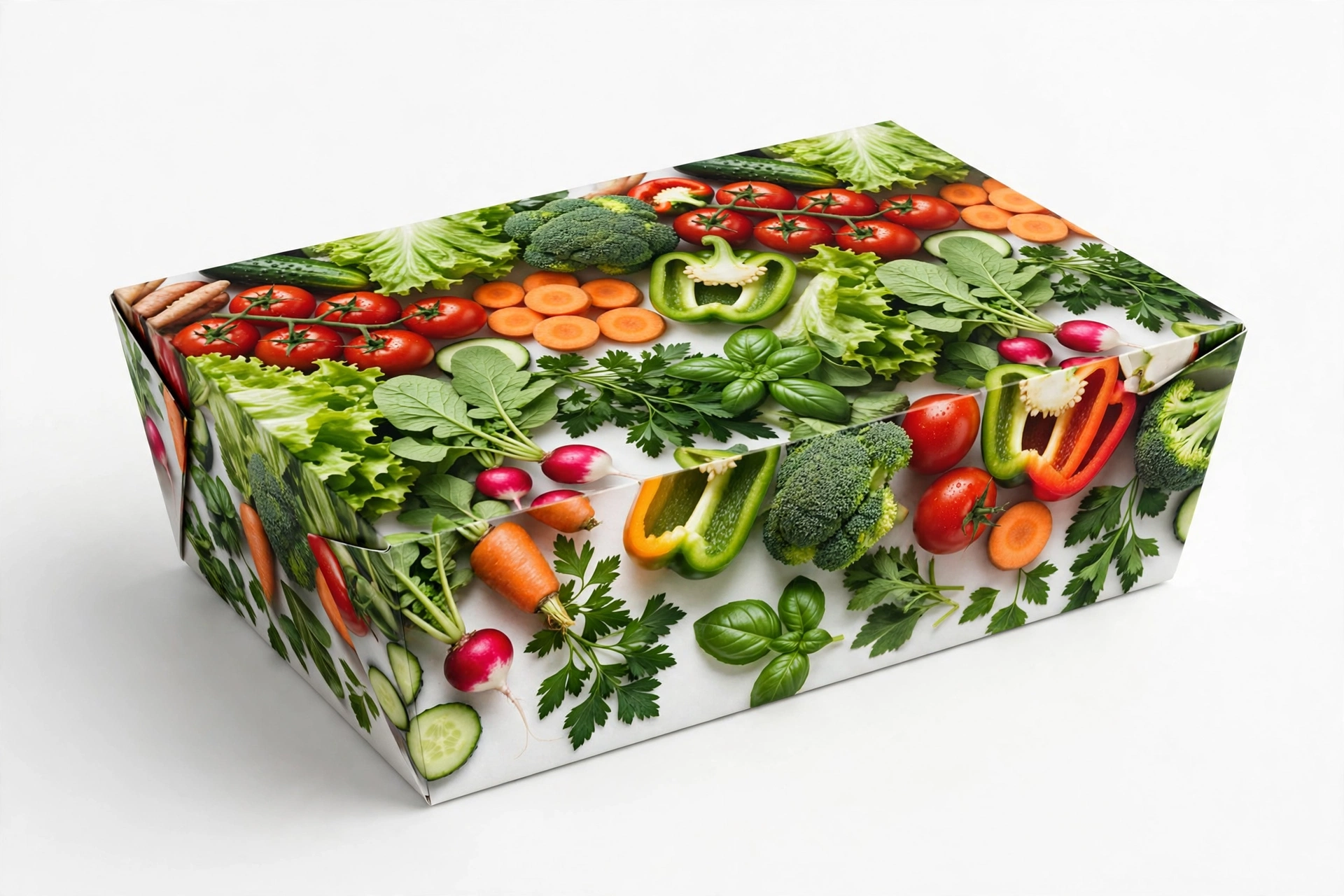 White takeout box with full-colour photographic print