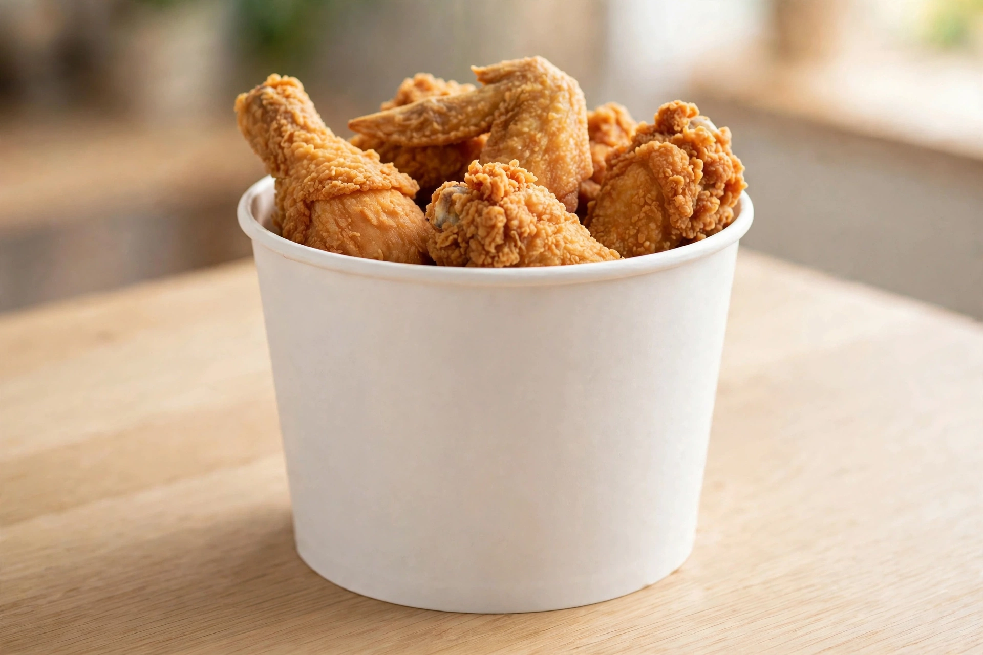 White paper food bucket filled with crispy fried chicken