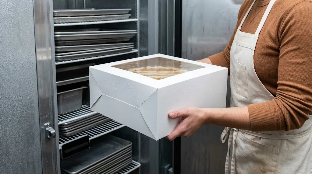 Baker taking a white window cake box out of a walk-in cooler