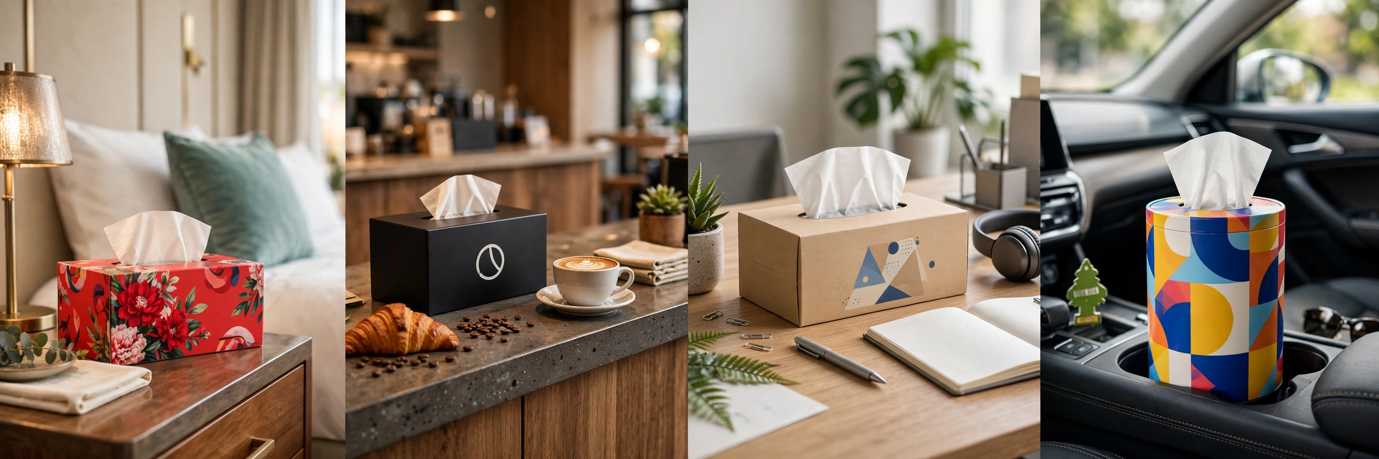 Custom tissue boxes in different styles and scenes: hotel, cafe, office and car