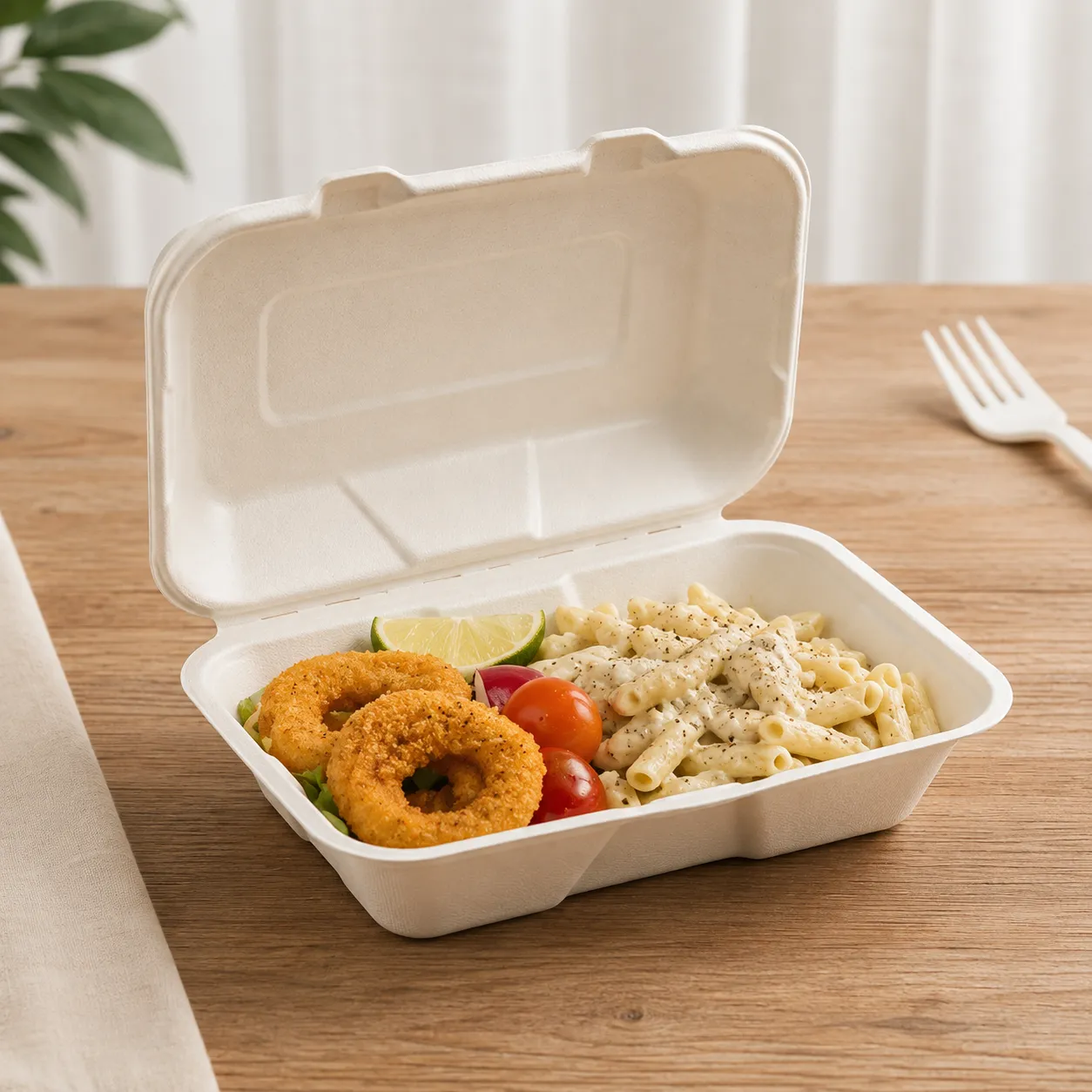 Bagasse clamshell box holding a hot takeaway meal