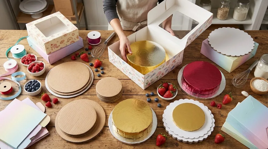 Matching cake boards, foil cake drums and scalloped base trays with printed cake boxes