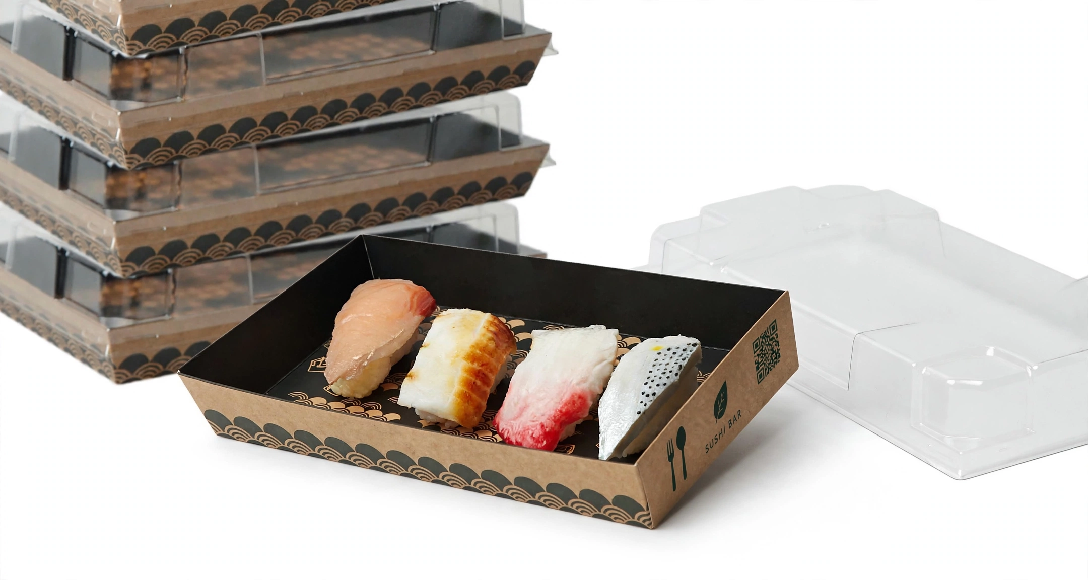 Paper sushi box with printed QR code and info icons