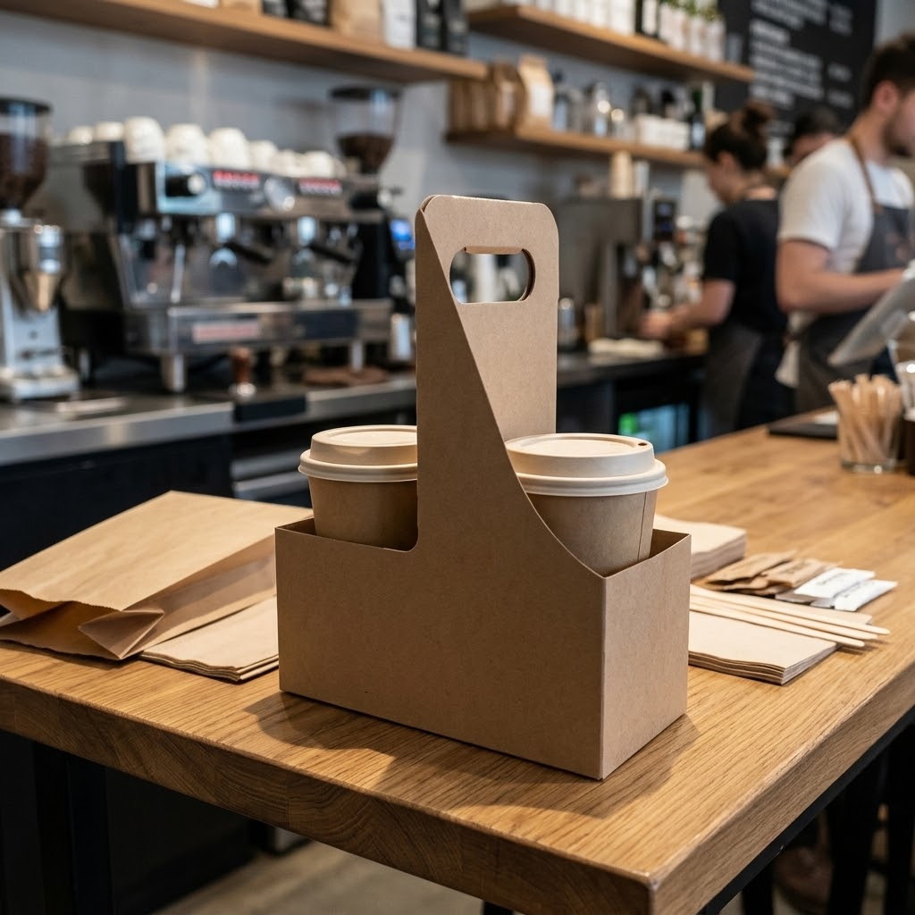 Two-cup drink carrier with sturdy handle for takeaway orders