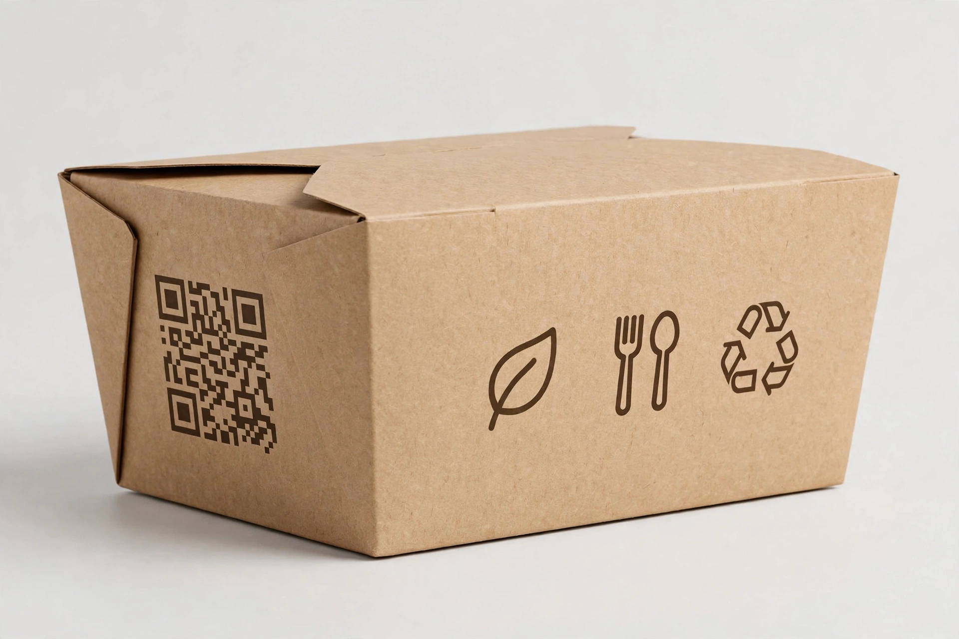 Takeout box with printed QR code and information panels