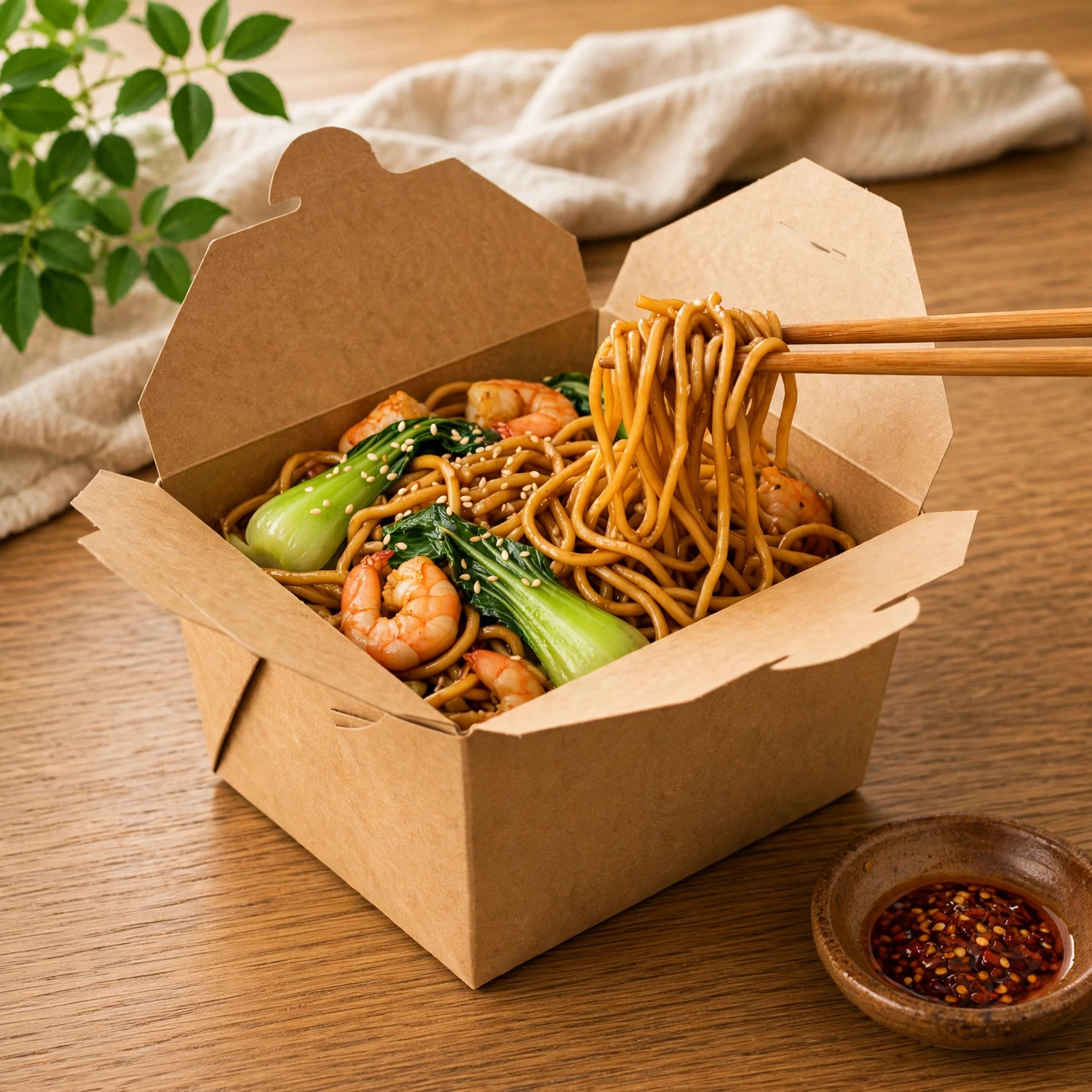 Kraft paper noodle box filled with stir-fried noodles and shrimp
