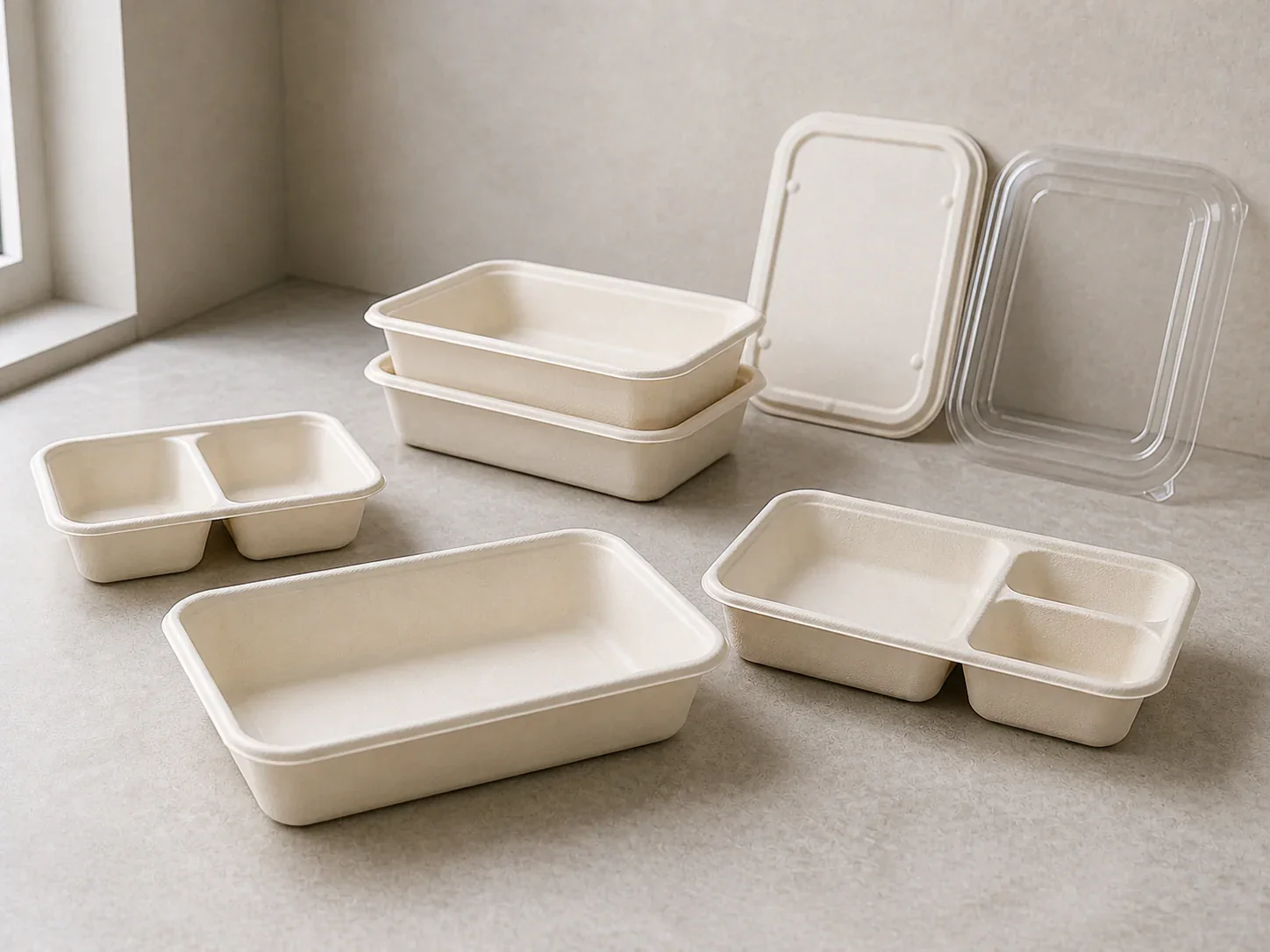 Wide bagasse food containers in single two and three compartment formats