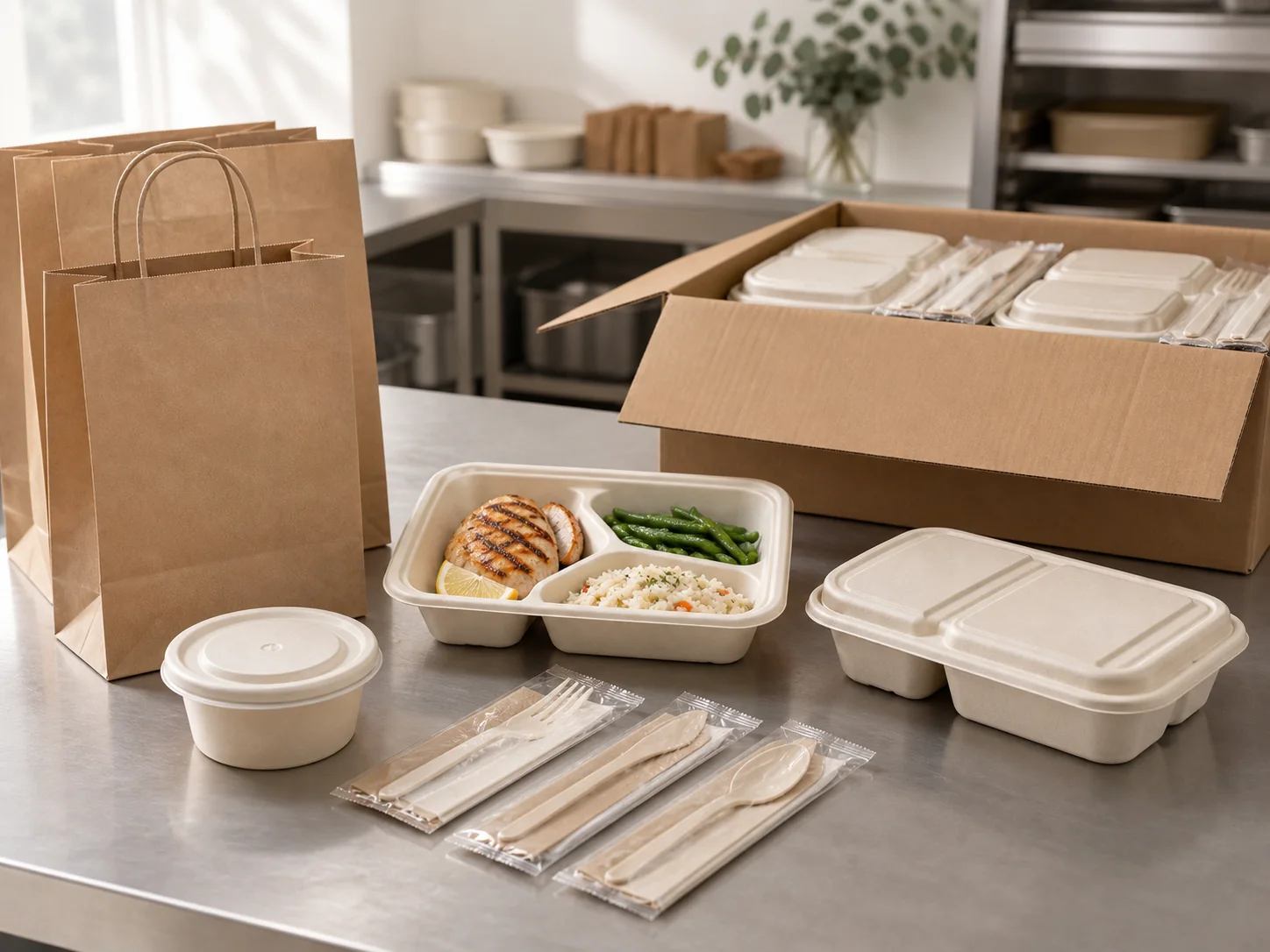 Compartment meal containers, side bowls, wrapped utensils, paper bags and packed cartons for institutional meals