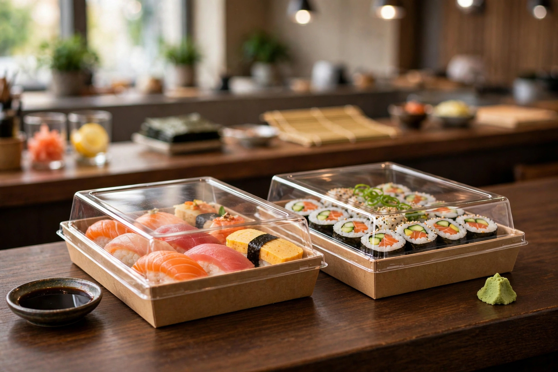 Clear-lid paper sushi boxes with nigiri and maki on a sushi bar counter
