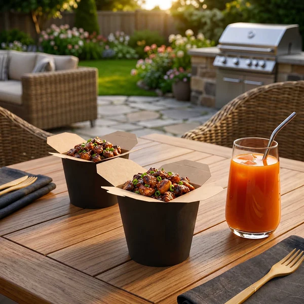Black paper noodle tubs served with food on an outdoor table