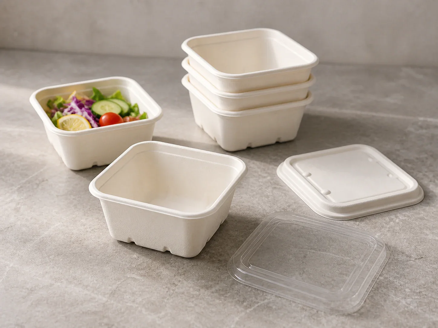 Compact square bagasse food containers with pulp and clear lids