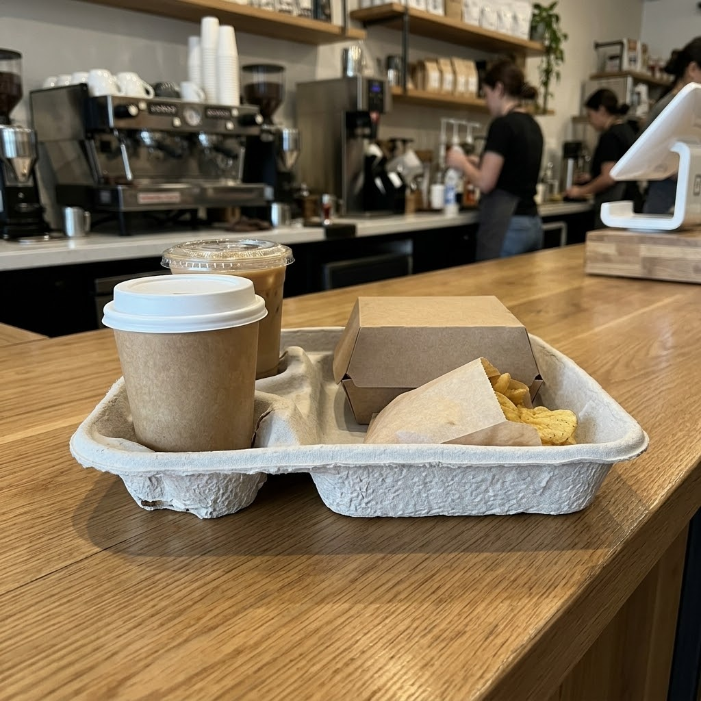 Two-cup carrier with food tray for combo meals and delivery