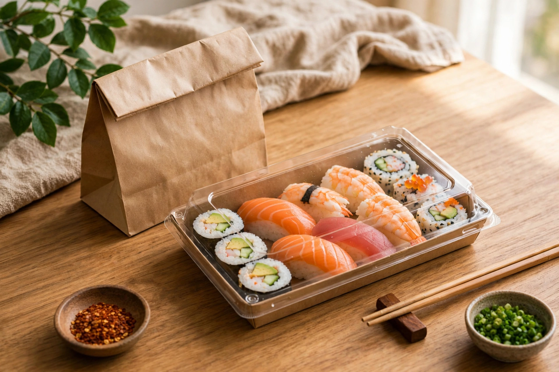 Paper sushi box with clear lid beside a takeaway delivery bag