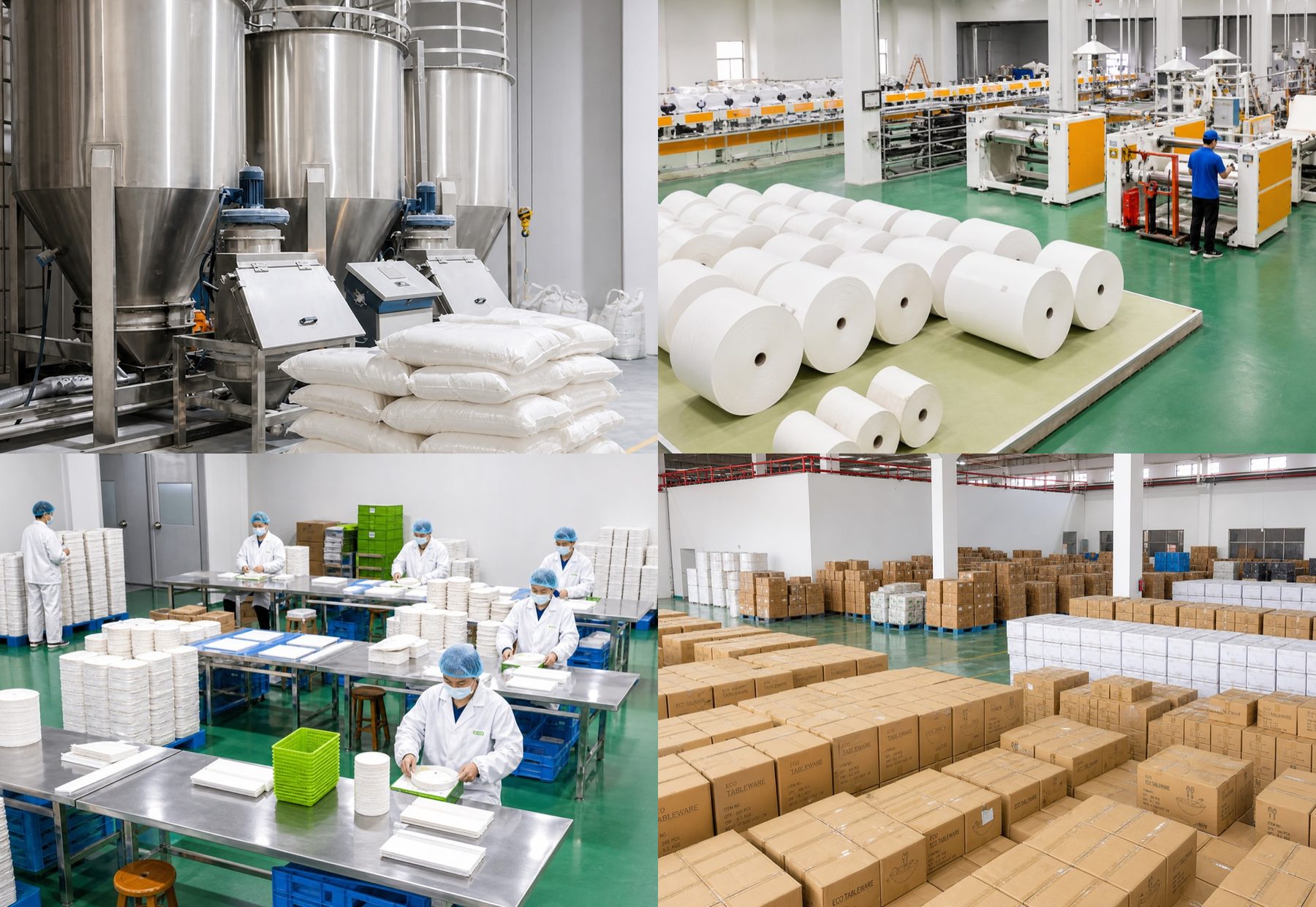 EcoLeaderPack factory collage &mdash; raw material, paper roll production, packing line and finished-goods warehouse