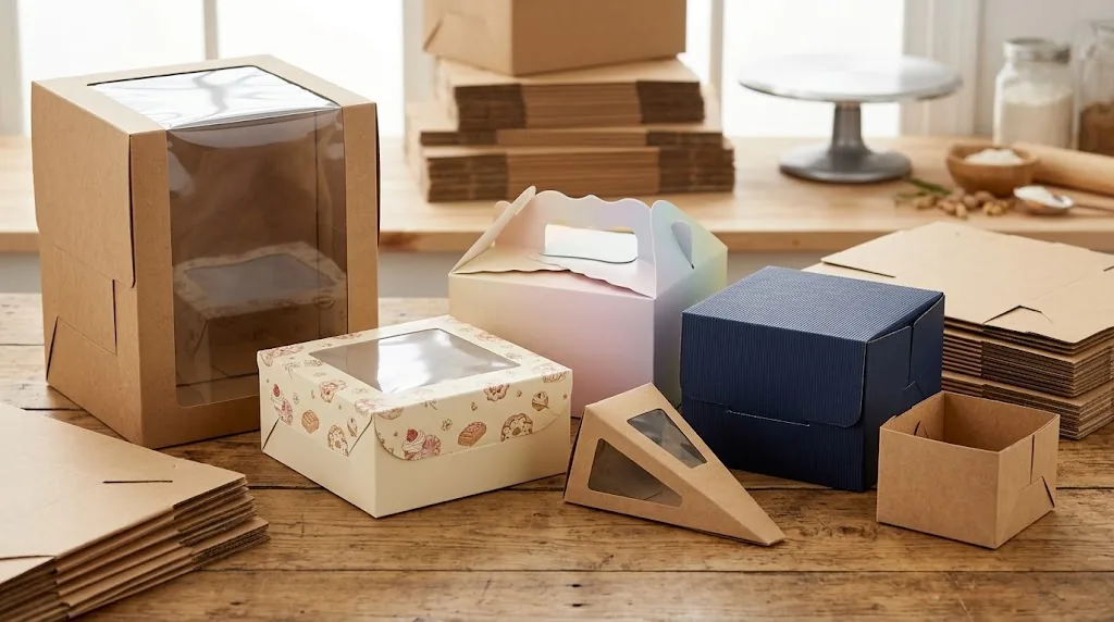 Assortment of custom cake boxes: Kraft window box, printed window box, gable handle box, navy two-piece box, slice wedge and folded flat Kraft blanks on a bakery table