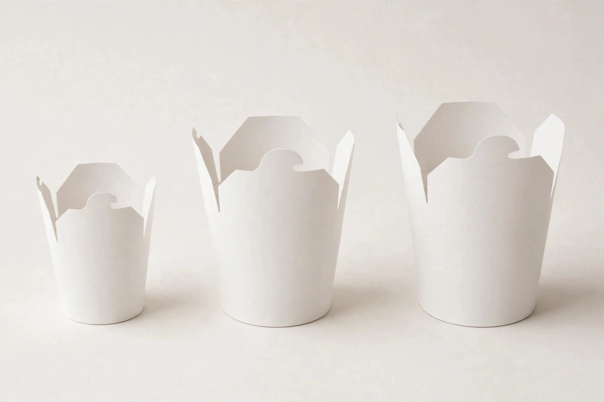Paper noodle tubs in three ascending sizes