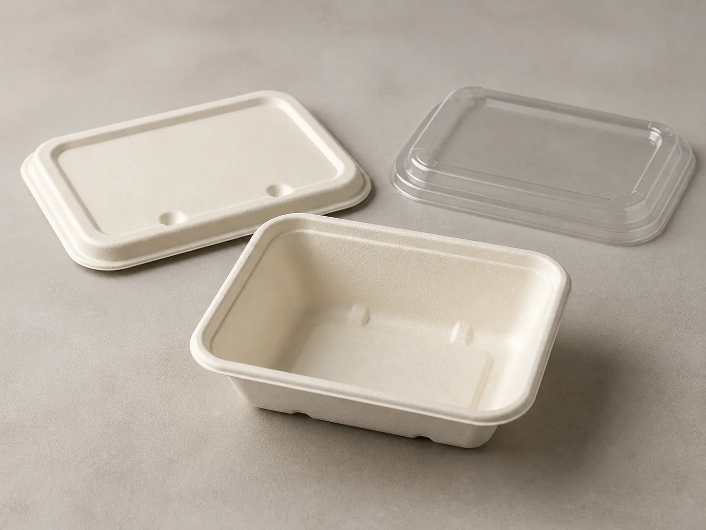 Rectangular bagasse food container with fiber and clear PET lid options