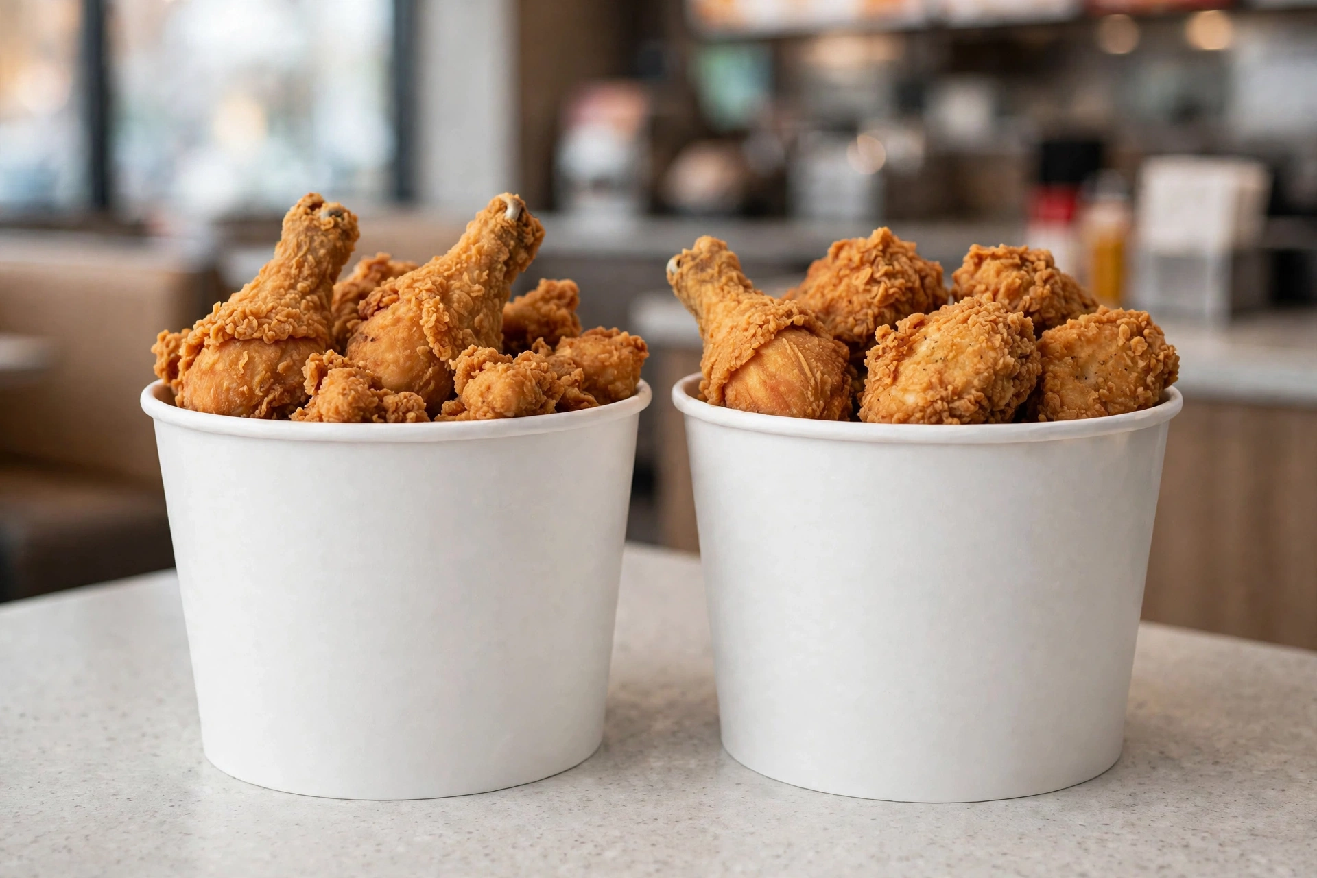 Paper food buckets filled with fried chicken for chains