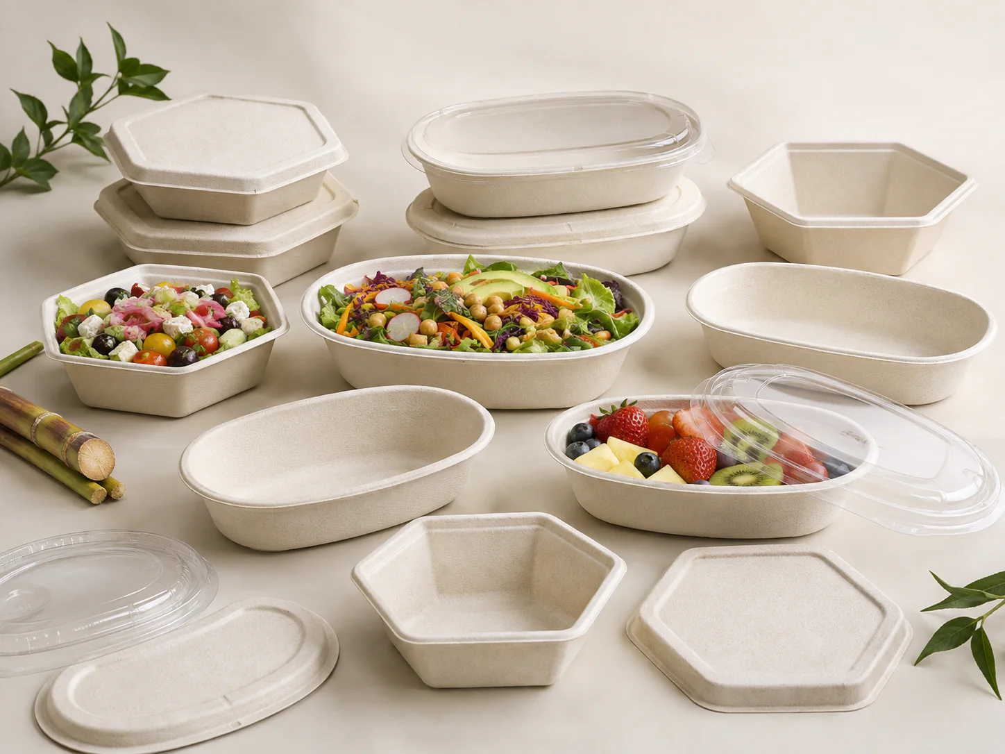 Hexagonal and oval sugarcane bagasse bowls with molded pulp and clear lids