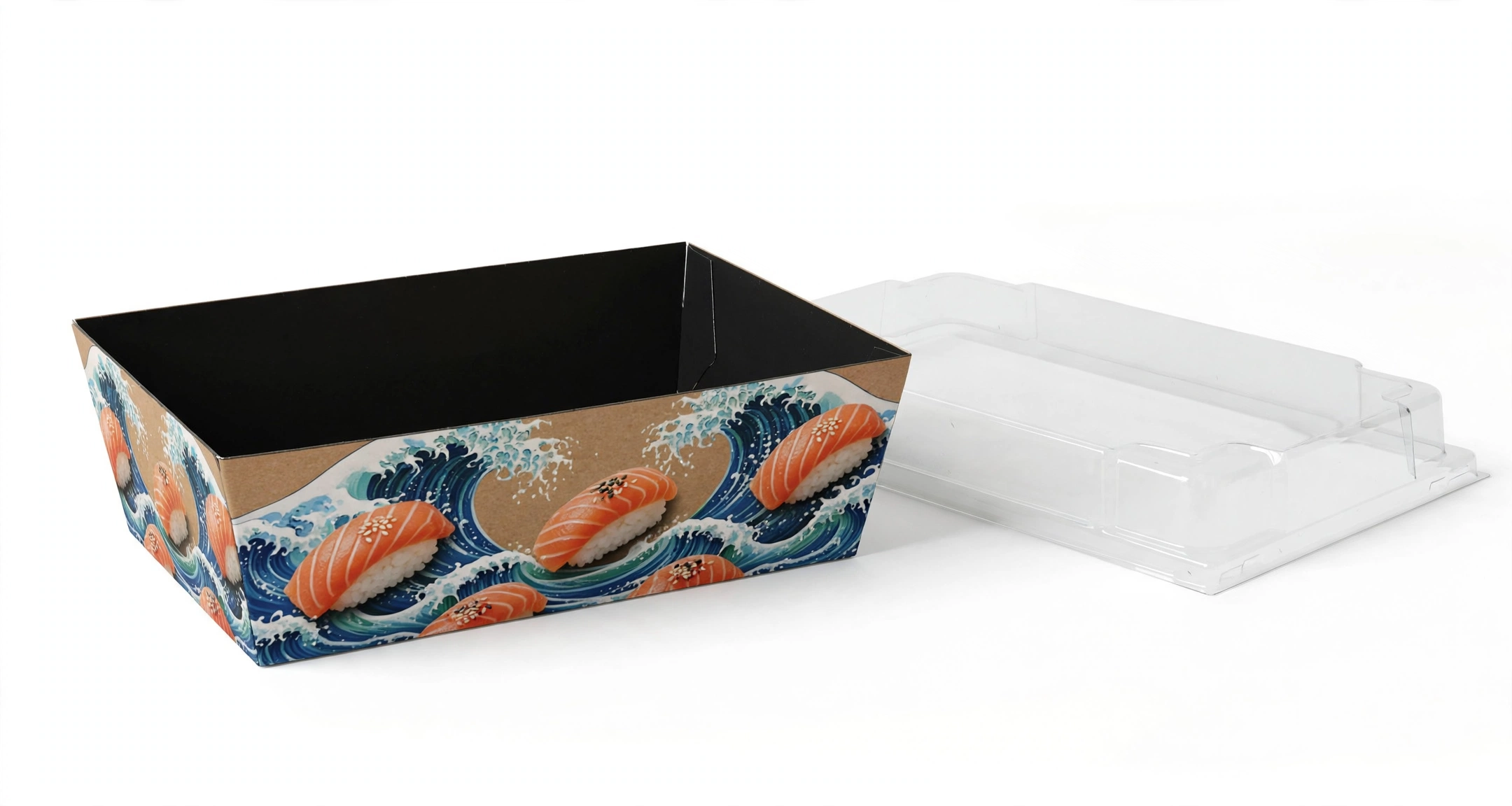 White paper sushi box with full-colour wave and nigiri wrap print