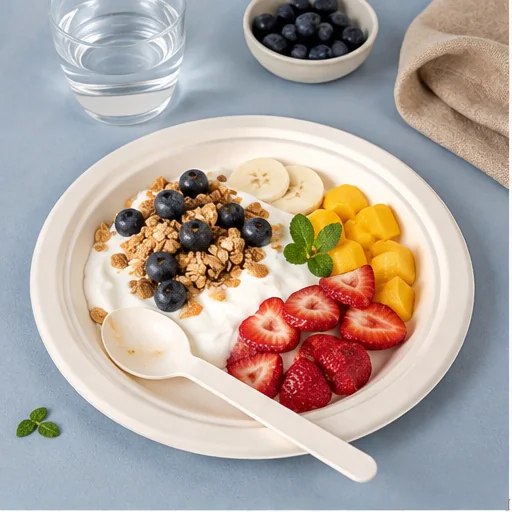 Round bagasse plate serving fruit yogurt and cereal
