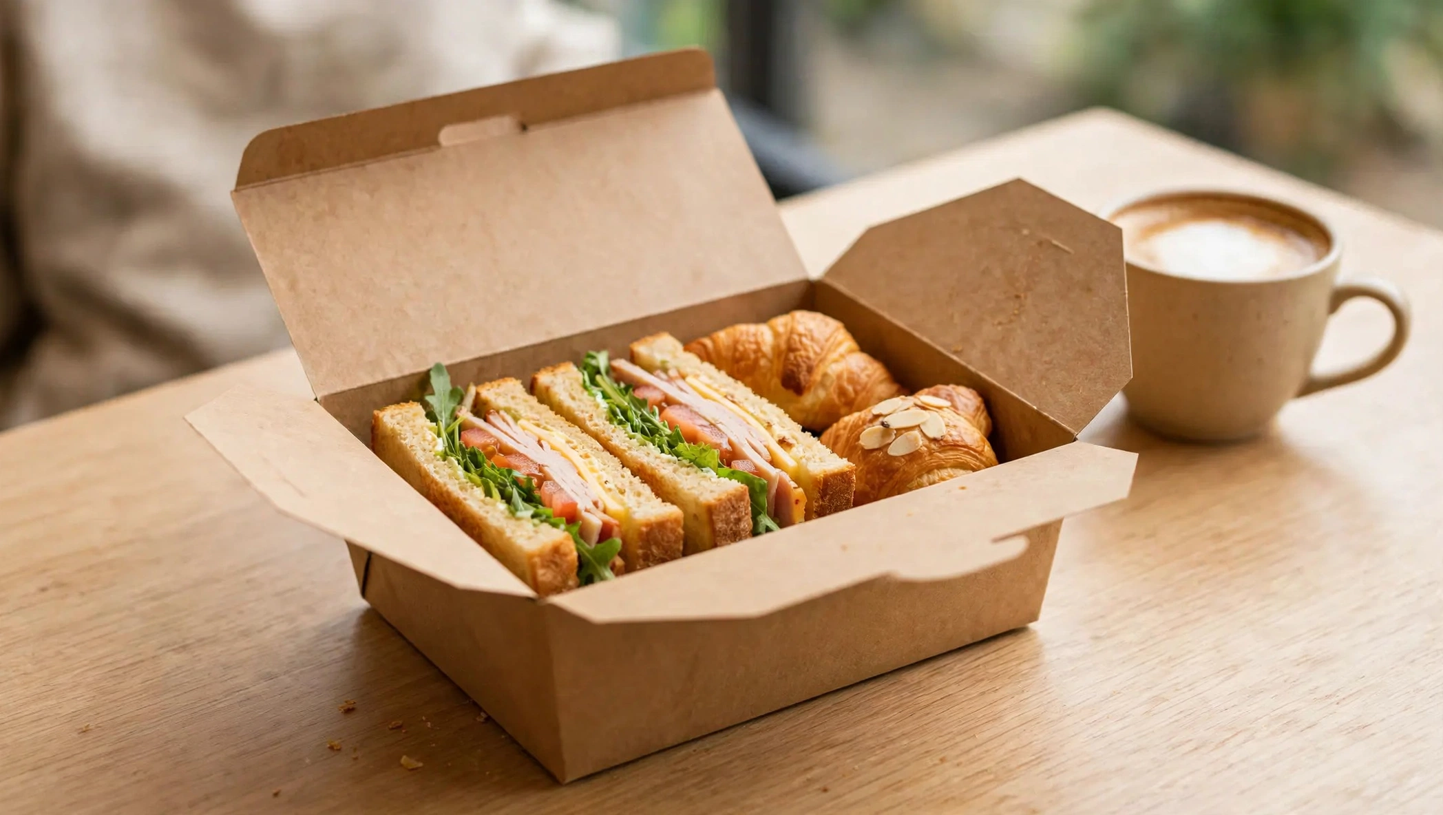 Kraft lunch box with sandwiches and pastries at a cafe